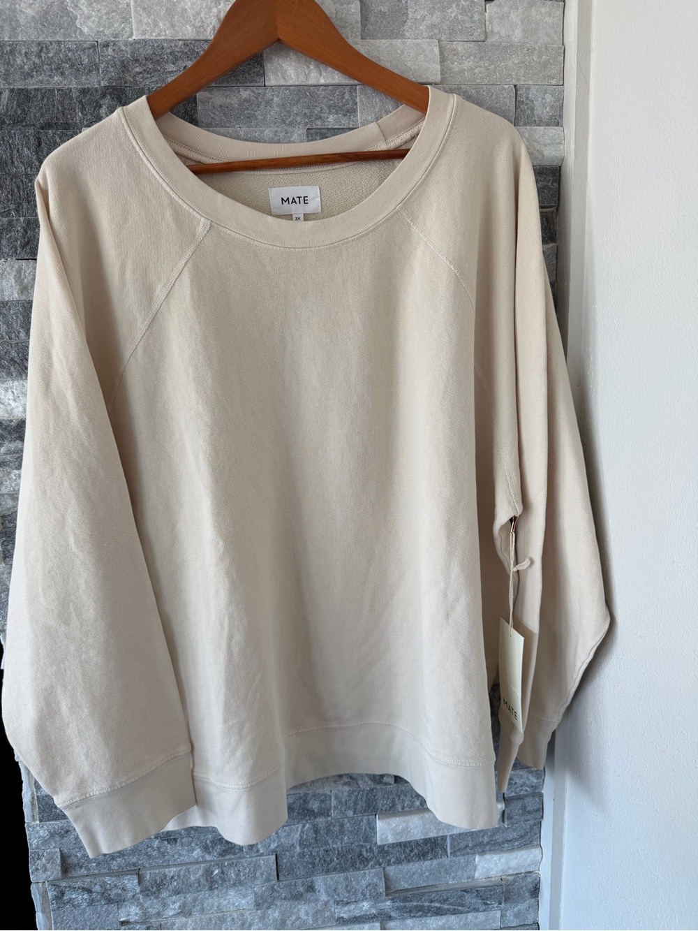 Women MATE THE LABEL NWT Sweatshirt Bone Organic Terry Raglan Beige Pullover-3X